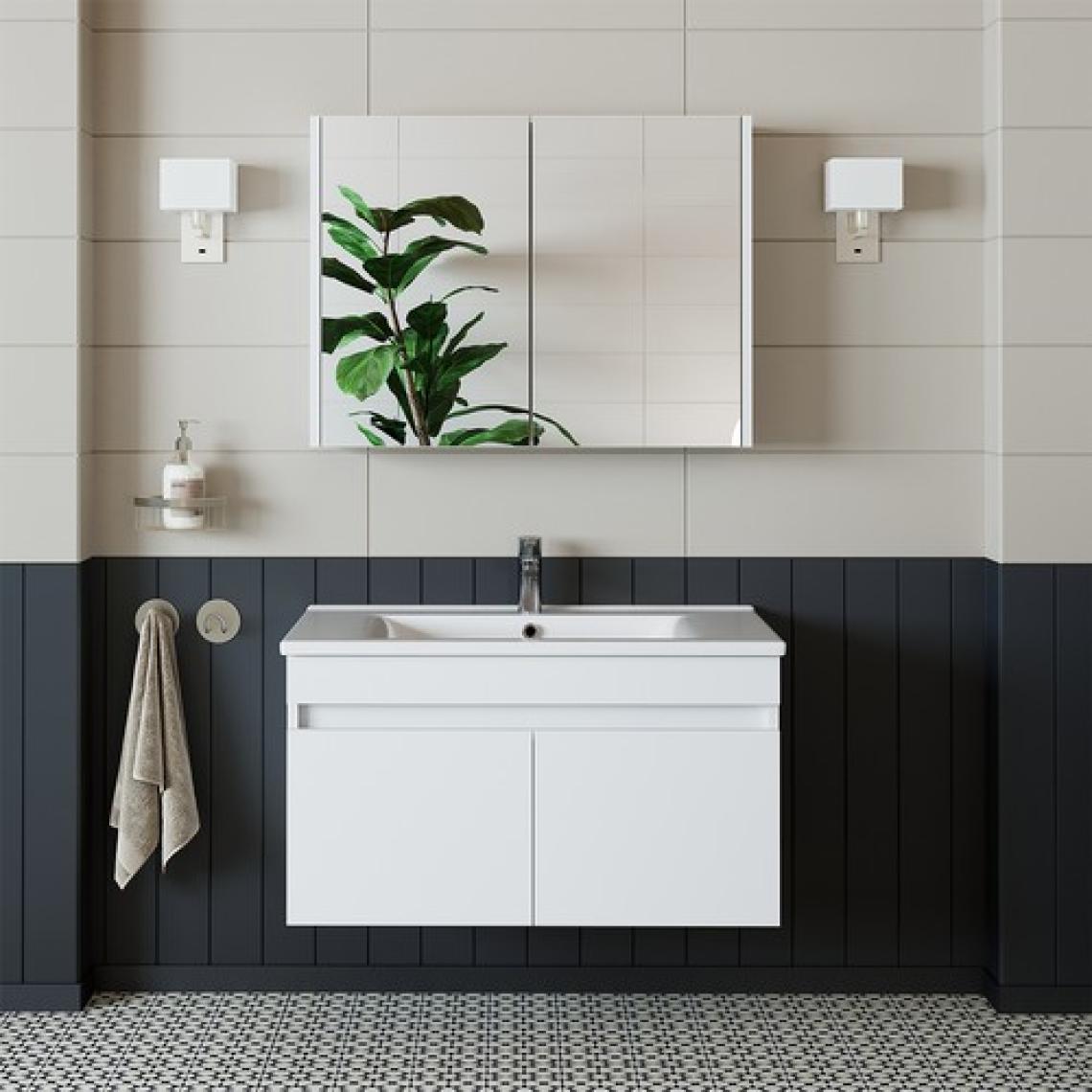 BanosRoomart 2 Kapaklı Lavabolu Beyaz Mdf 85 cm Banyo Dolabı + Aynalı Banyo Üst Dolabı