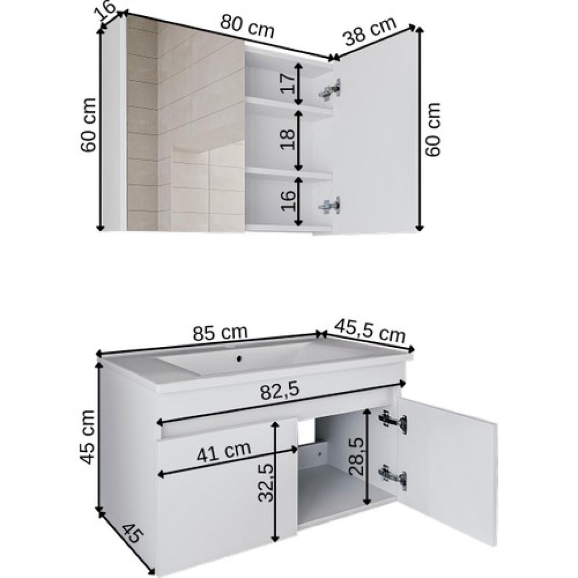 BanosRoomart 2 Kapaklı Lavabolu Beyaz Mdf 85 cm Banyo Dolabı + Aynalı Banyo Üst Dolabı