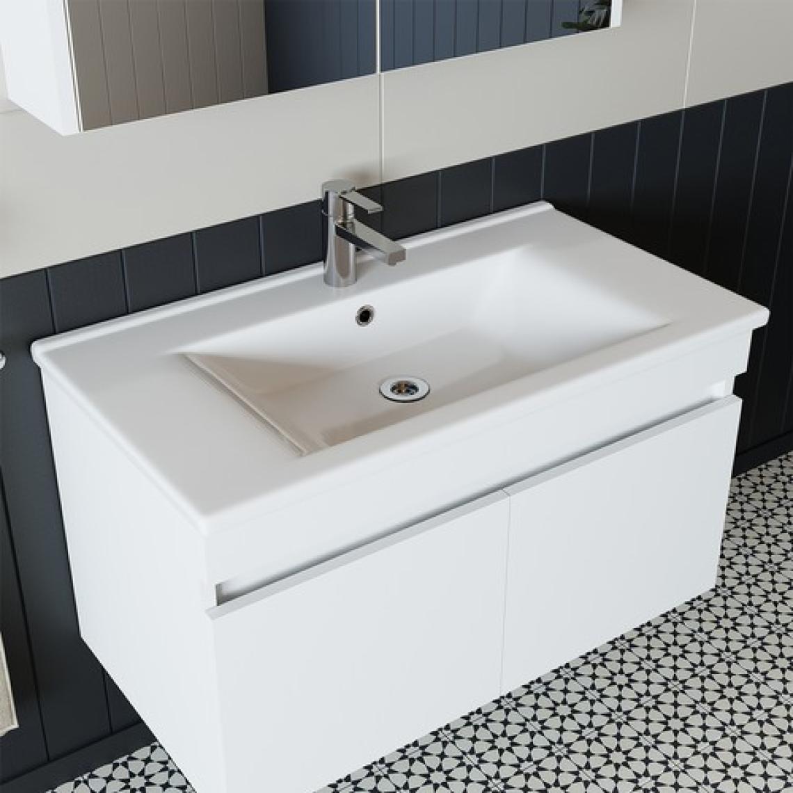 BanosRoomart 2 Kapaklı Lavabolu Beyaz Mdf 85 cm Banyo Dolabı + Aynalı Banyo Üst Dolabı