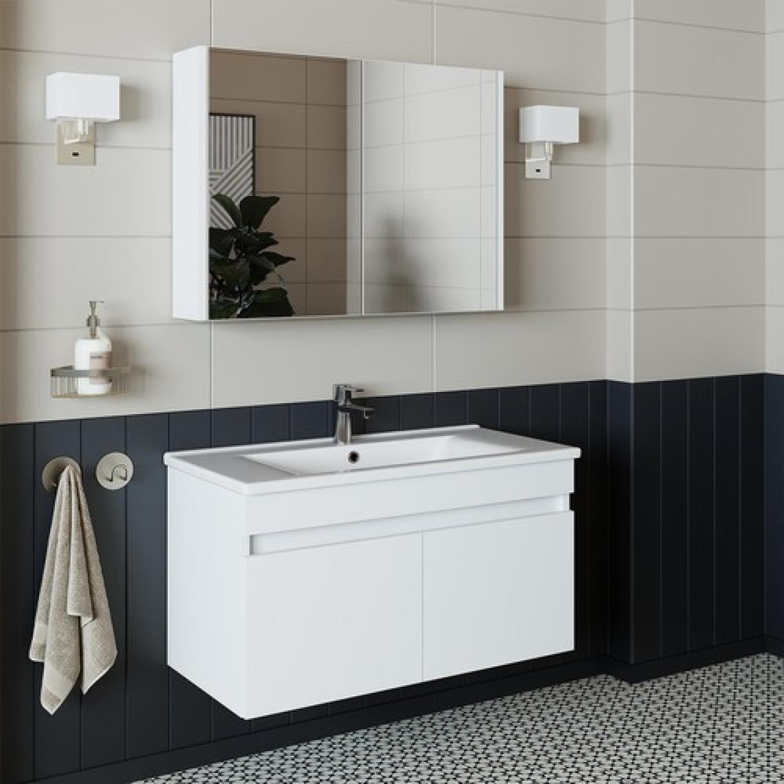 BanosRoomart 2 Kapaklı Lavabolu Beyaz Mdf 85 cm Banyo Dolabı + Aynalı Banyo Üst Dolabı