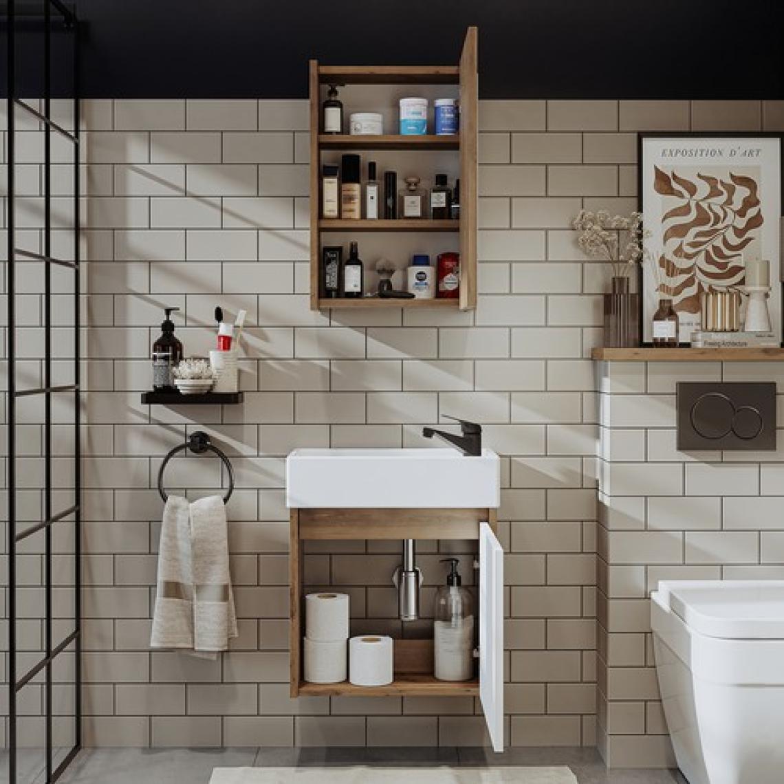 Roomart Ayaksız Tek Kapaklı Lavabolu 50 cm Banyo Dolabı ve Aynalı Üst Dolabı