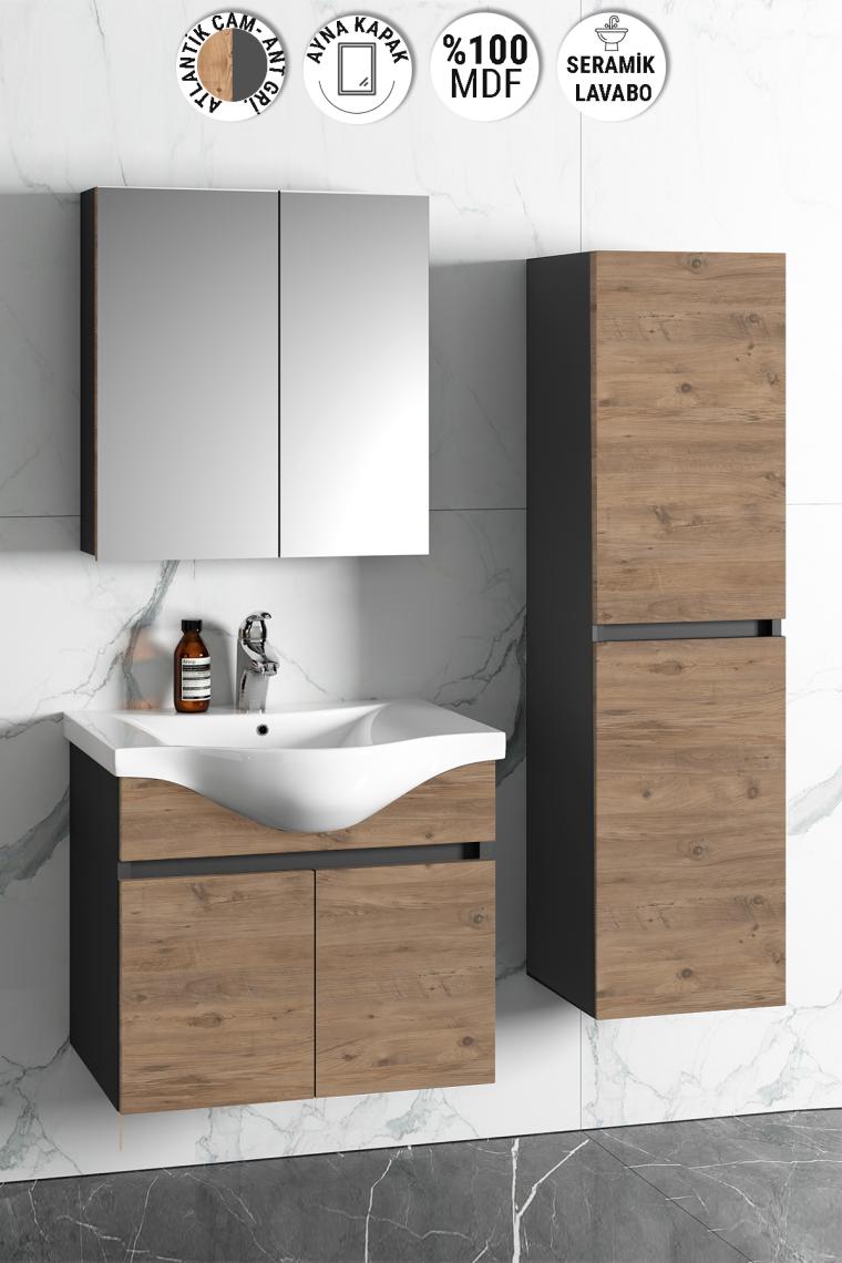 Özceden Yıldız 65+35 cm Antrasit Gri Mat-Atlantik Çam Mdf Seramik Lavabolu Asma Banyo Dolabı Takımı
