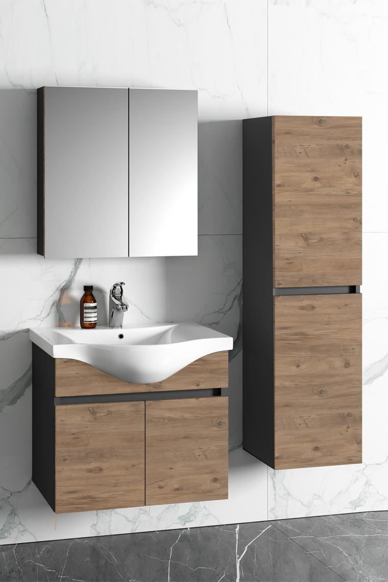 Özceden Yıldız 65+35 cm Antrasit Gri Mat-Atlantik Çam Mdf Seramik Lavabolu Asma Banyo Dolabı Takımı