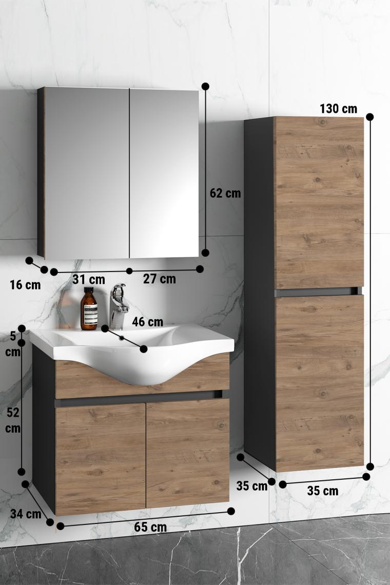 Özceden Yıldız 65+35 cm Antrasit Gri Mat-Atlantik Çam Mdf Seramik Lavabolu Asma Banyo Dolabı Takımı