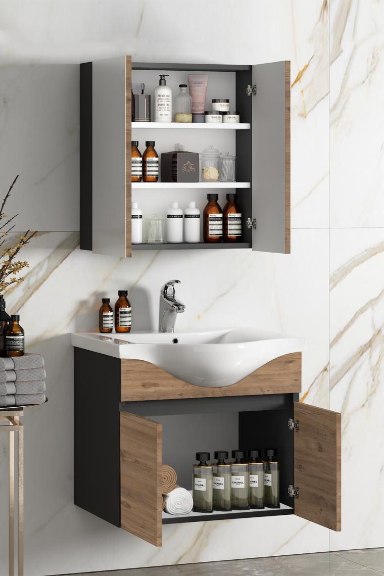 Özceden Yıldız 65+35 cm Antrasit Gri Mat-Atlantik Çam Mdf Seramik Lavabolu Asma Banyo Dolabı Takımı
