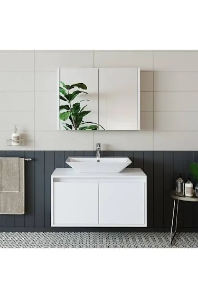 Banos Banyo Roomart Mat Beyaz Mdf 85 Cm Banyo Dolabı + Aynalı Banyo Üst Dolabı