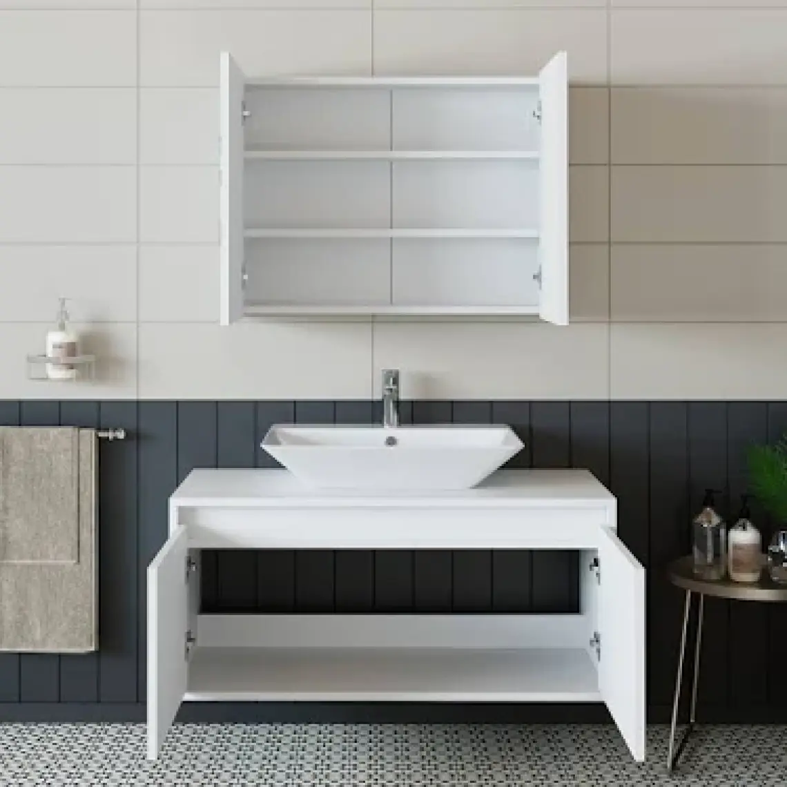 Banos Banyo Roomart Mat Beyaz Mdf 85 Cm Banyo Dolabı + Aynalı Banyo Üst Dolabı