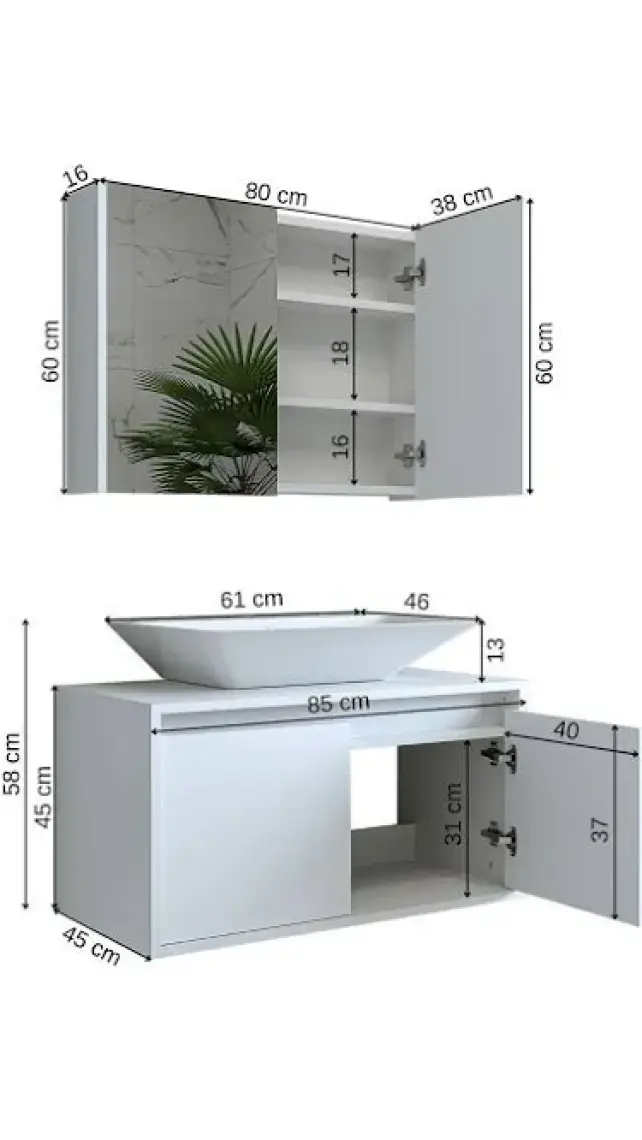 Banos Banyo Roomart Mat Beyaz Mdf 85 Cm Banyo Dolabı + Aynalı Banyo Üst Dolabı