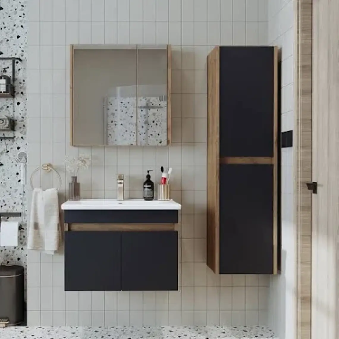 Banos Roomart 2 Kapaklı Lavabolu Beyaz Mdf 65 cm Banyo Dolabı + Aynalı Banyo Üst Dolabı