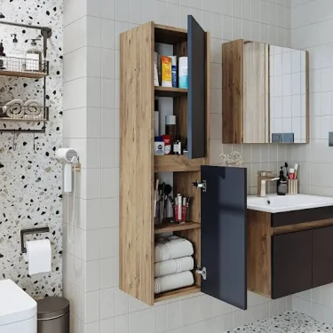 Banos Roomart 2 Kapaklı Lavabolu Beyaz Mdf 65 cm Banyo Dolabı + Aynalı Banyo Üst Dolabı