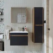 Banos Roomart 2 Kapaklı Lavabolu Beyaz Mdf 65 cm Banyo Dolabı + Aynalı Banyo Üst Dolabı
