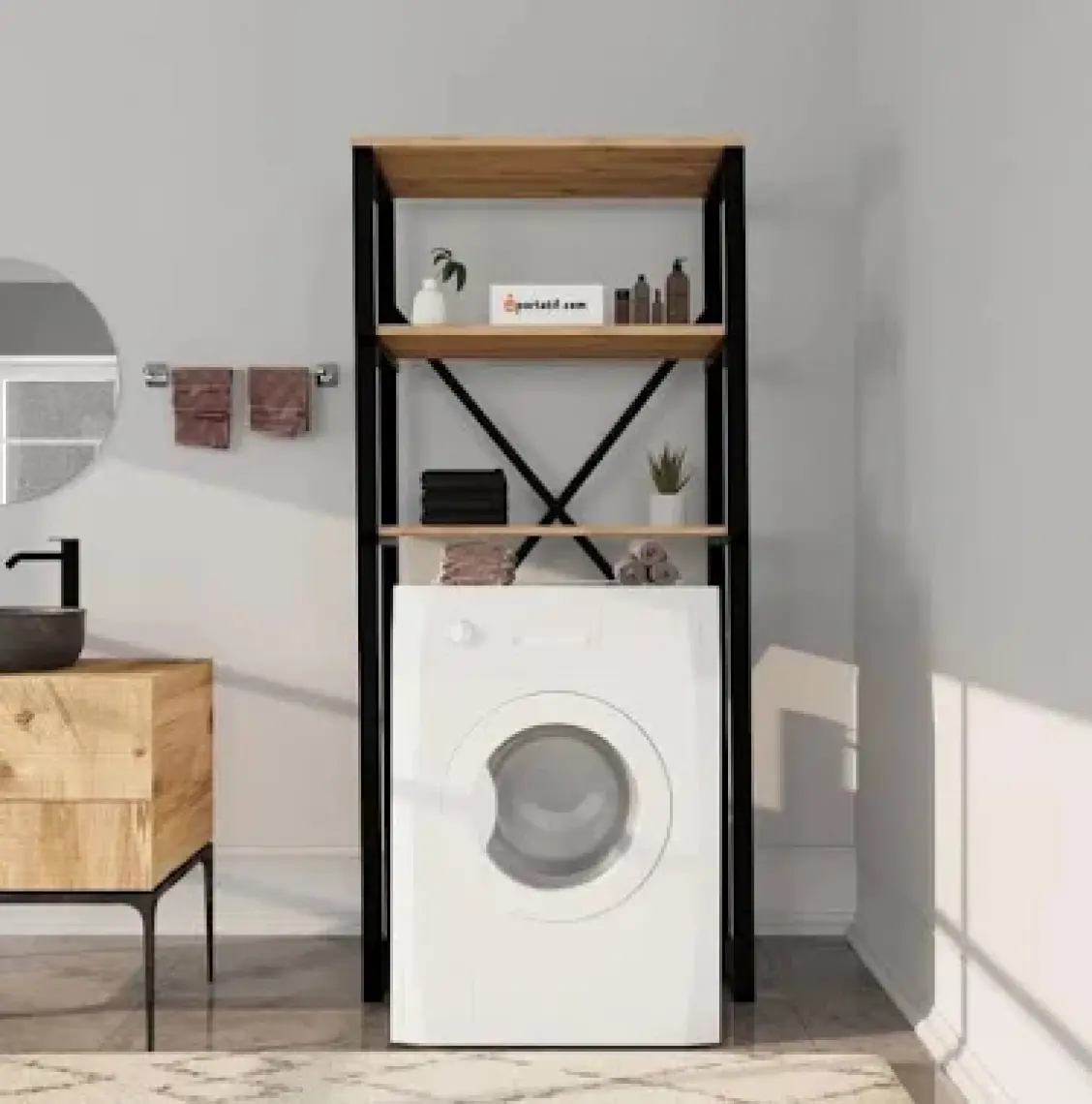 Güzelkan Madeni Eşya Çamaşır Makinesi Üstü Düzenleyici Raf Banyo Dolabı Rafı Makina Üstü Dolap Raf Çam