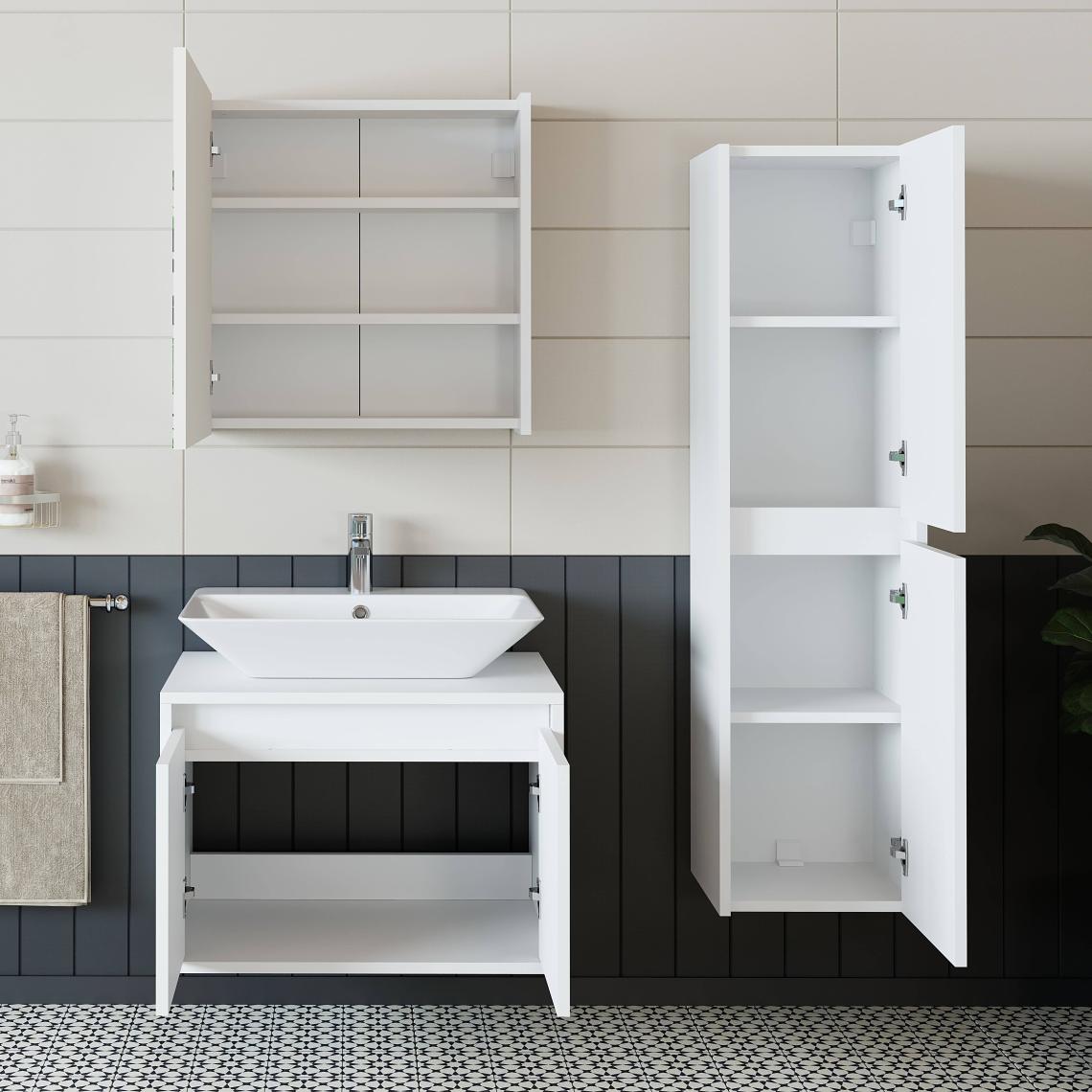 Banos Banyo Roomart Lavabolu Mat Beyaz Mdf 100 Cm Banyo Dolabı + Aynalı Banyo Üst Dolabı + Banyo Boy Dolabı