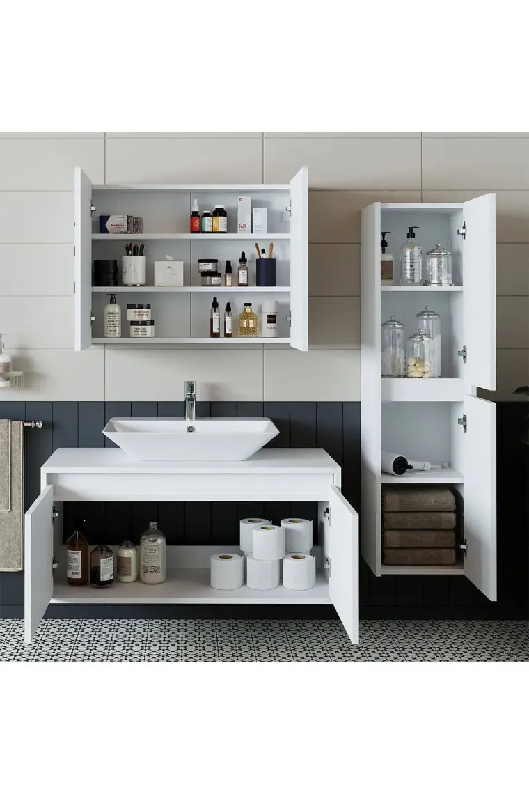 Banos Banyo Roomart Lavabolu Mat Beyaz Mdf 100 Cm Banyo Dolabı + Aynalı Banyo Üst Dolabı + Banyo Boy Dolabı