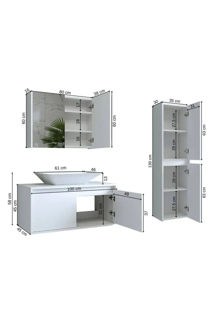 Banos Banyo Roomart Lavabolu Mat Beyaz Mdf 100 Cm Banyo Dolabı + Aynalı Banyo Üst Dolabı + Banyo Boy Dolabı