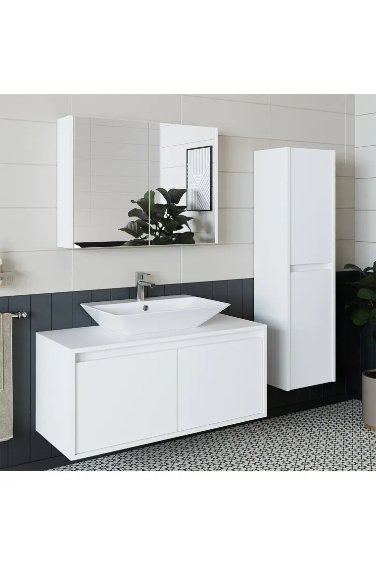 Banos Banyo Roomart Lavabolu Mat Beyaz Mdf 100 Cm Banyo Dolabı + Aynalı Banyo Üst Dolabı + Banyo Boy Dolabı