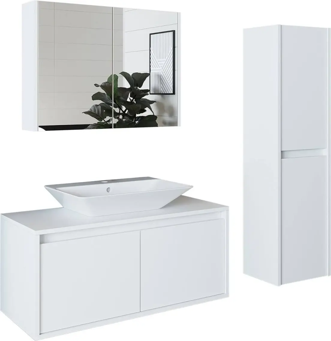 Banos Banyo Roomart Lavabolu Mat Beyaz Mdf 100 Cm Banyo Dolabı + Aynalı Banyo Üst Dolabı + Banyo Boy Dolabı