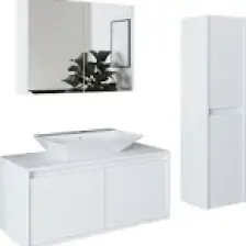 Banos Banyo Roomart Lavabolu Mat Beyaz Mdf 100 Cm Banyo Dolabı + Aynalı Banyo Üst Dolabı + Banyo Boy Dolabı