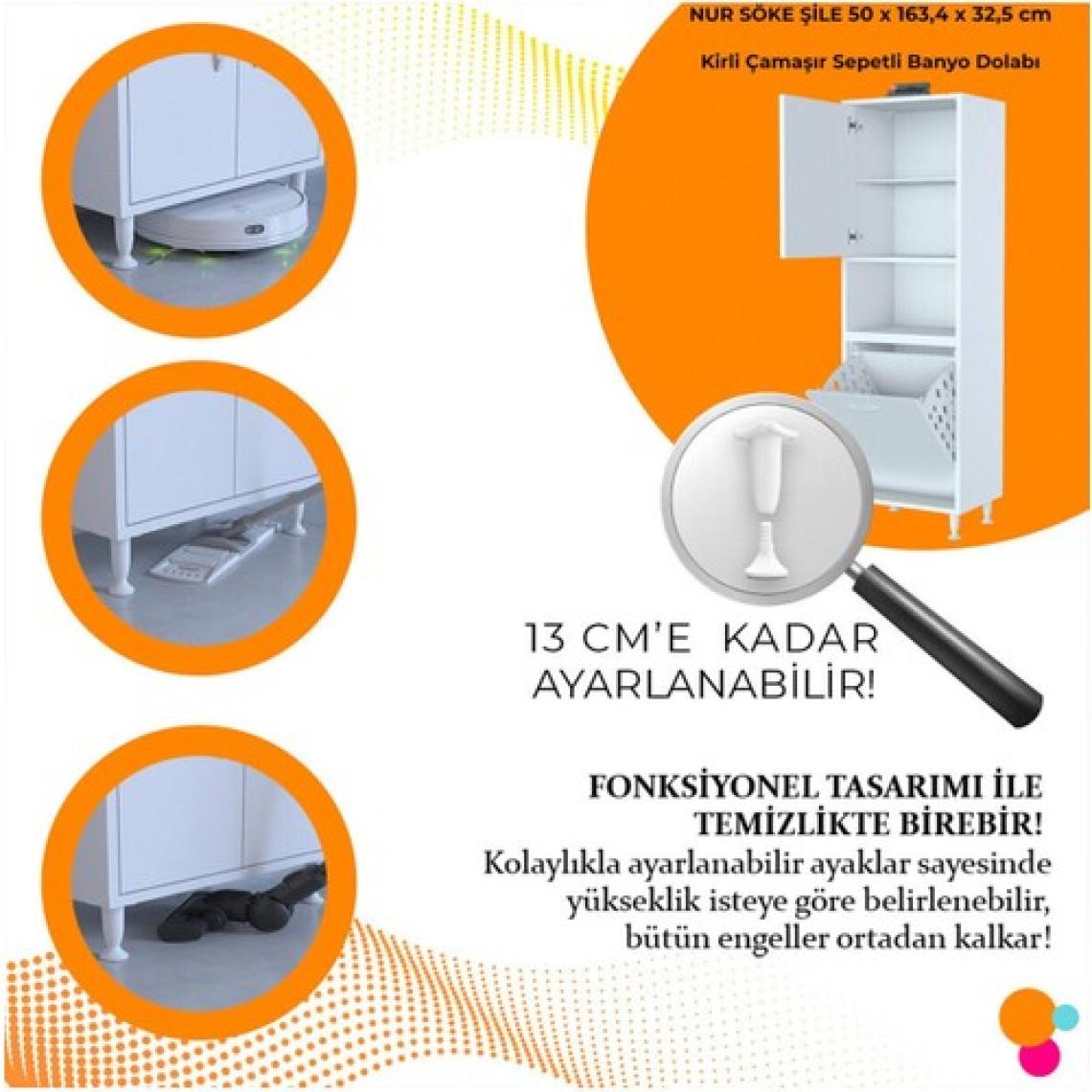 Modilayn 50 x 163,4 x 32,5 cm 2 Kapak 3 Bölmeli Kirli Çamaşır Dolabı Sepetli Banyo Dolabı