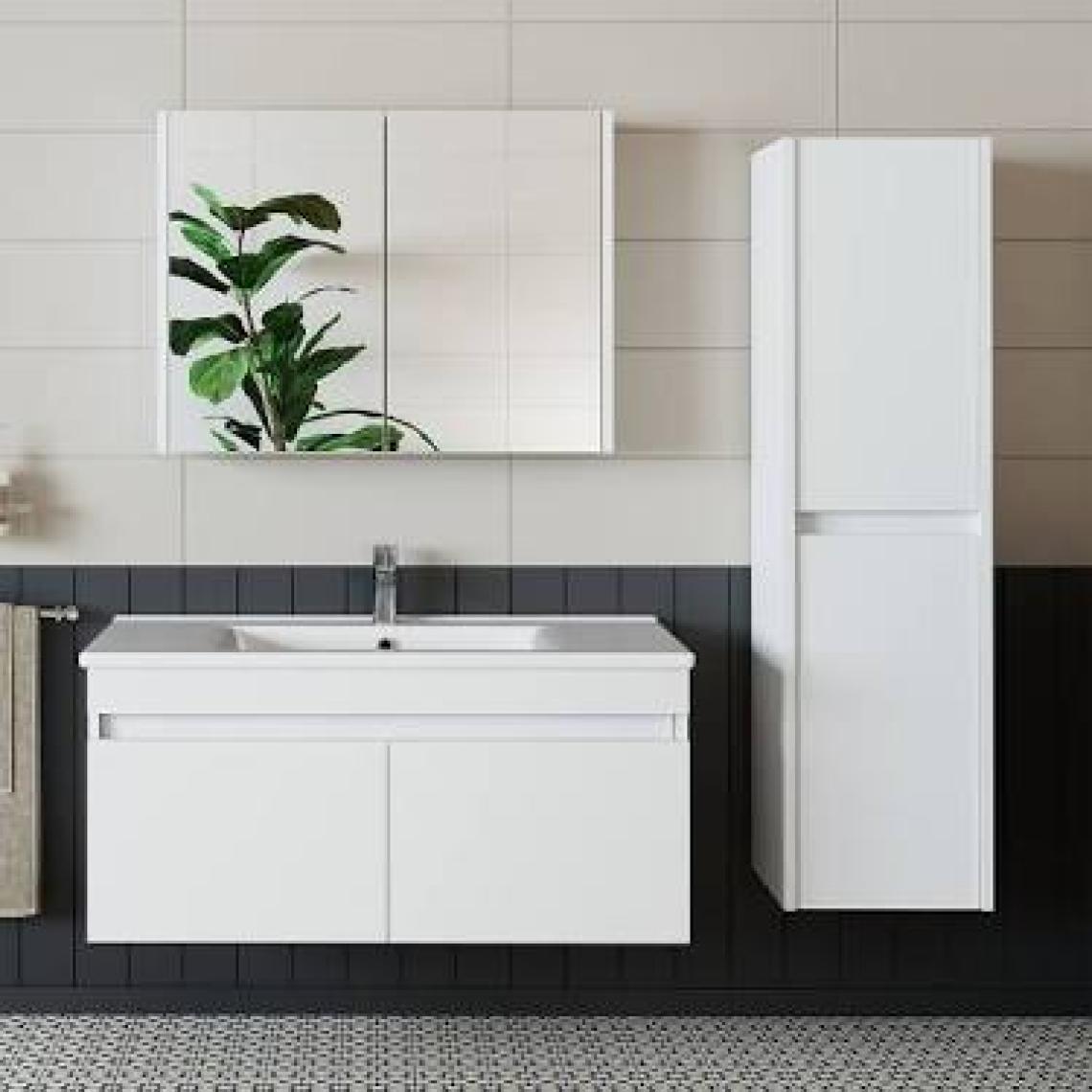 Banos Roomart 2 Kapaklı Lavabolu Beyaz Mdf 65 cm Banyo Dolabı + Aynalı Banyo Üst Dolabı + Banyo Boy Dolabı