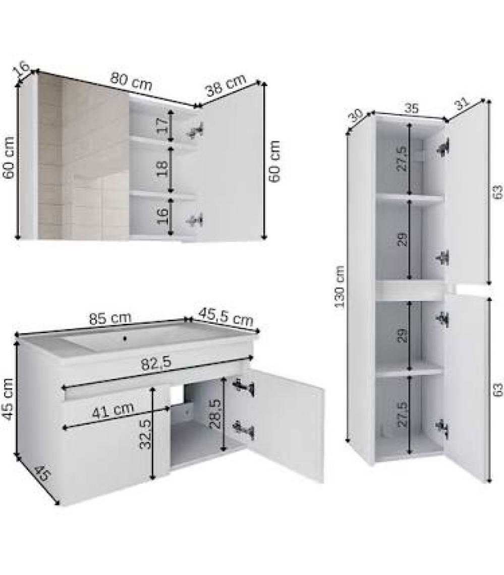 Banos Roomart 2 Kapaklı Lavabolu Beyaz Mdf 65 cm Banyo Dolabı + Aynalı Banyo Üst Dolabı + Banyo Boy Dolabı