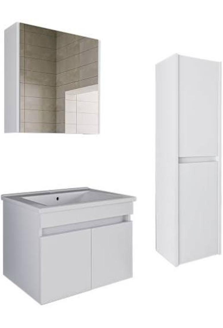 Banos Roomart 2 Kapaklı Lavabolu Beyaz Mdf 65 cm Banyo Dolabı + Aynalı Banyo Üst Dolabı + Banyo Boy Dolabı
