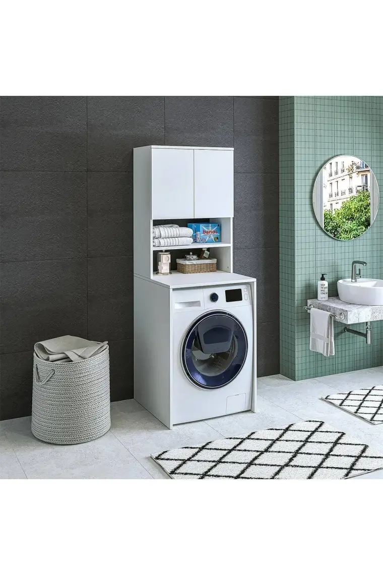 Banos Banyo Roomart Cd9 Çamaşır Makinesi Dolabı 3 Raflı 2 Kapaklı Banyo Dolabı Mat Beyaz-Ahşap