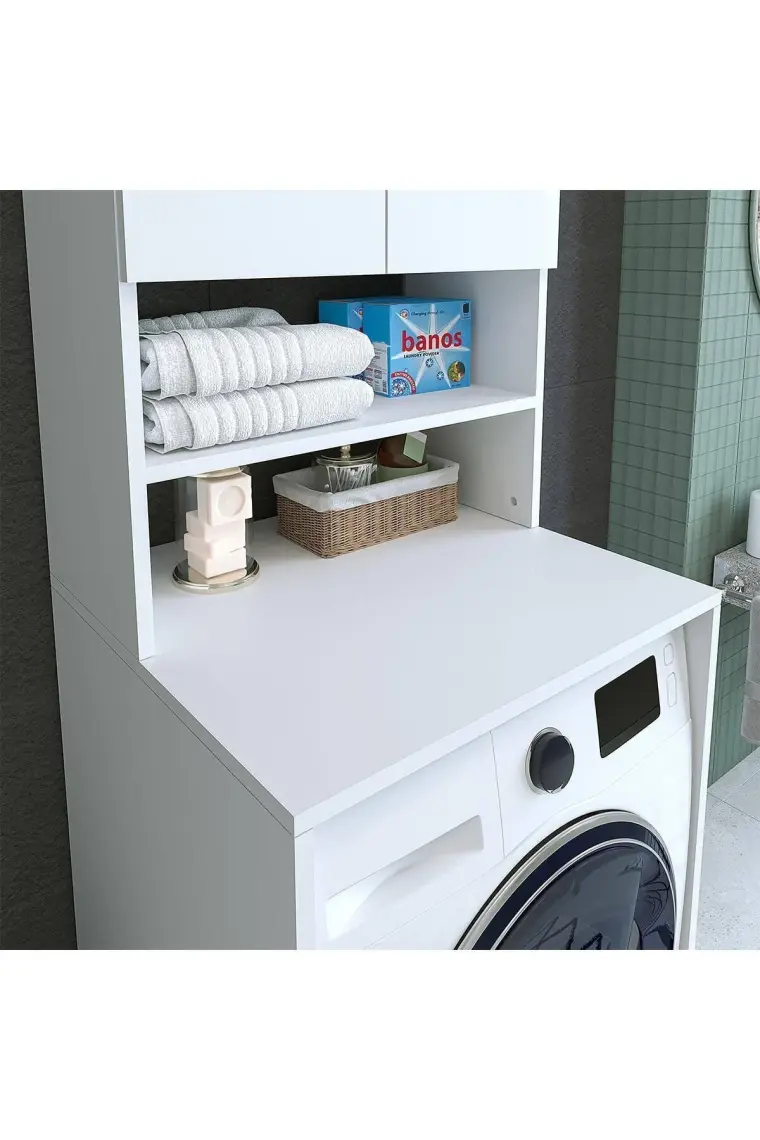 Banos Banyo Roomart Cd9 Çamaşır Makinesi Dolabı 3 Raflı 2 Kapaklı Banyo Dolabı Mat Beyaz-Ahşap