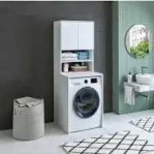 Banos Banyo Roomart Cd9 Çamaşır Makinesi Dolabı 3 Raflı 2 Kapaklı Banyo Dolabı Mat Beyaz-Ahşap