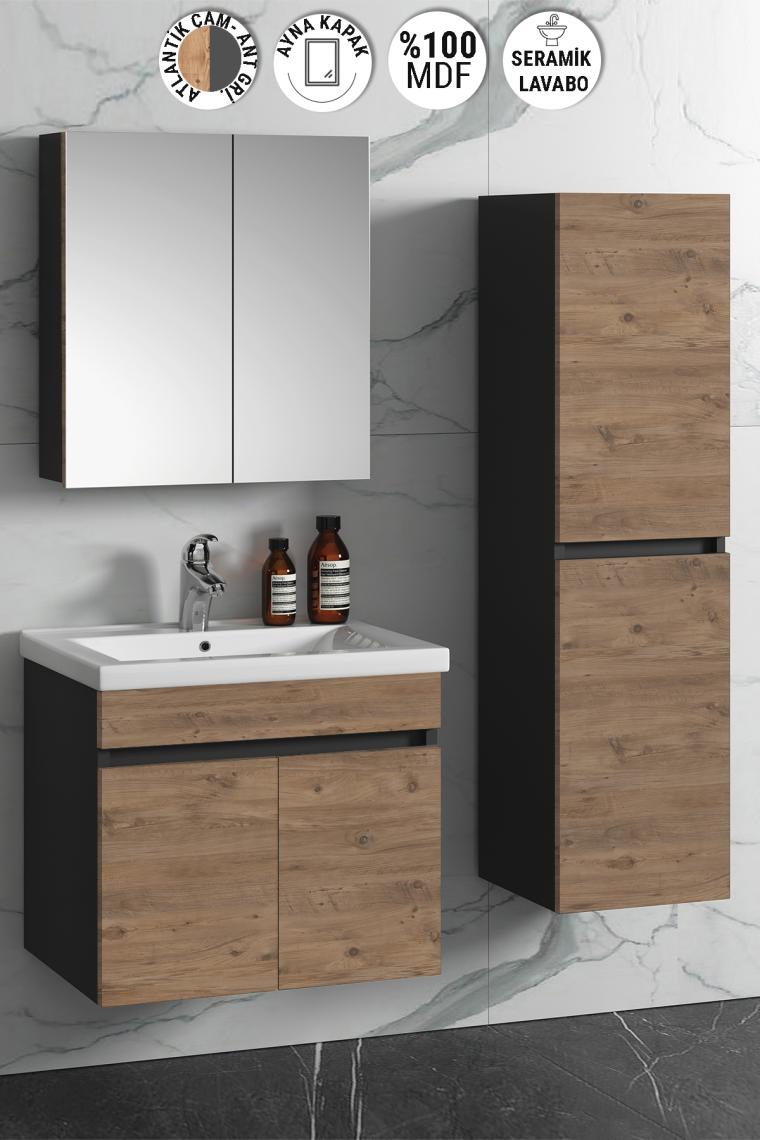 Özceden Çiğdem 65+35 cm Atlantik Çam- Antrasit Gri Mat Mdf Seramik Lavabolu Asma Banyo Dolabı Takımı