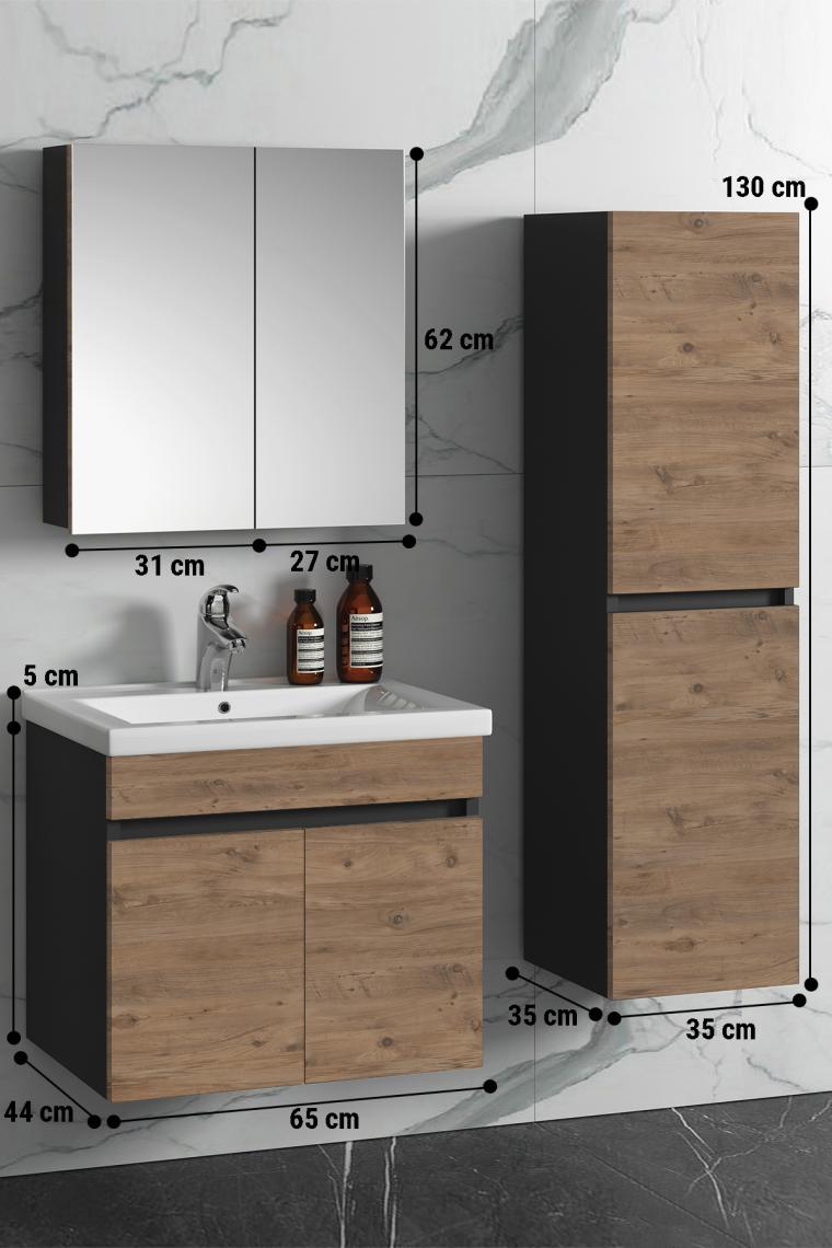 Özceden Çiğdem 65+35 cm Atlantik Çam- Antrasit Gri Mat Mdf Seramik Lavabolu Asma Banyo Dolabı Takımı