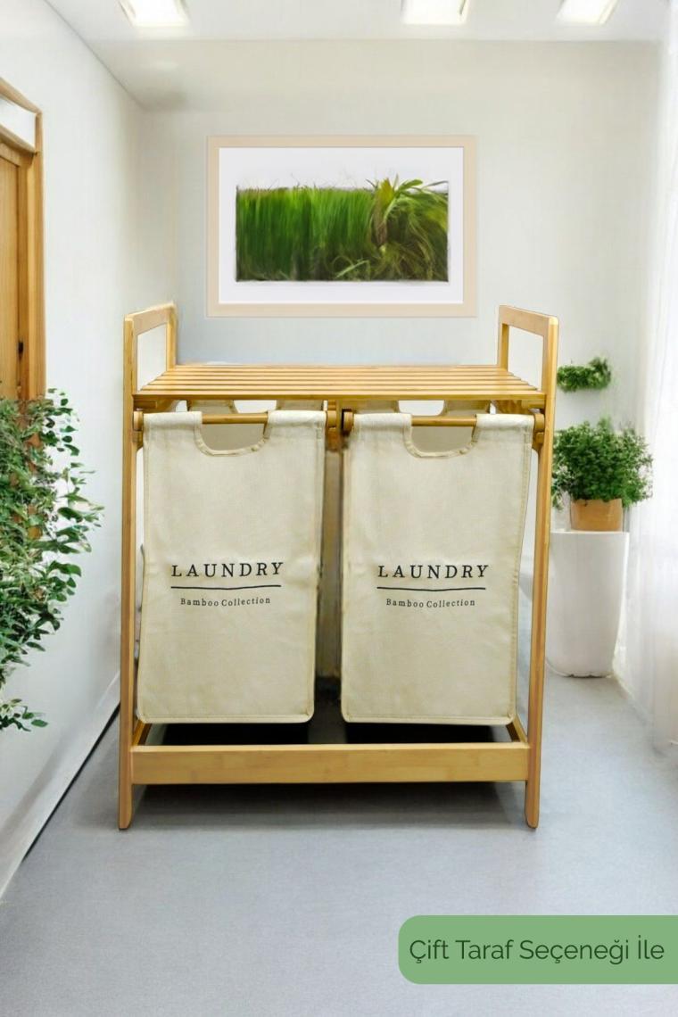 Digithome Bambu 2 Bölmeli Kirli Sepetli Çamaşır Sepeti Raflı Banyo Düzenleyici DB-0007
