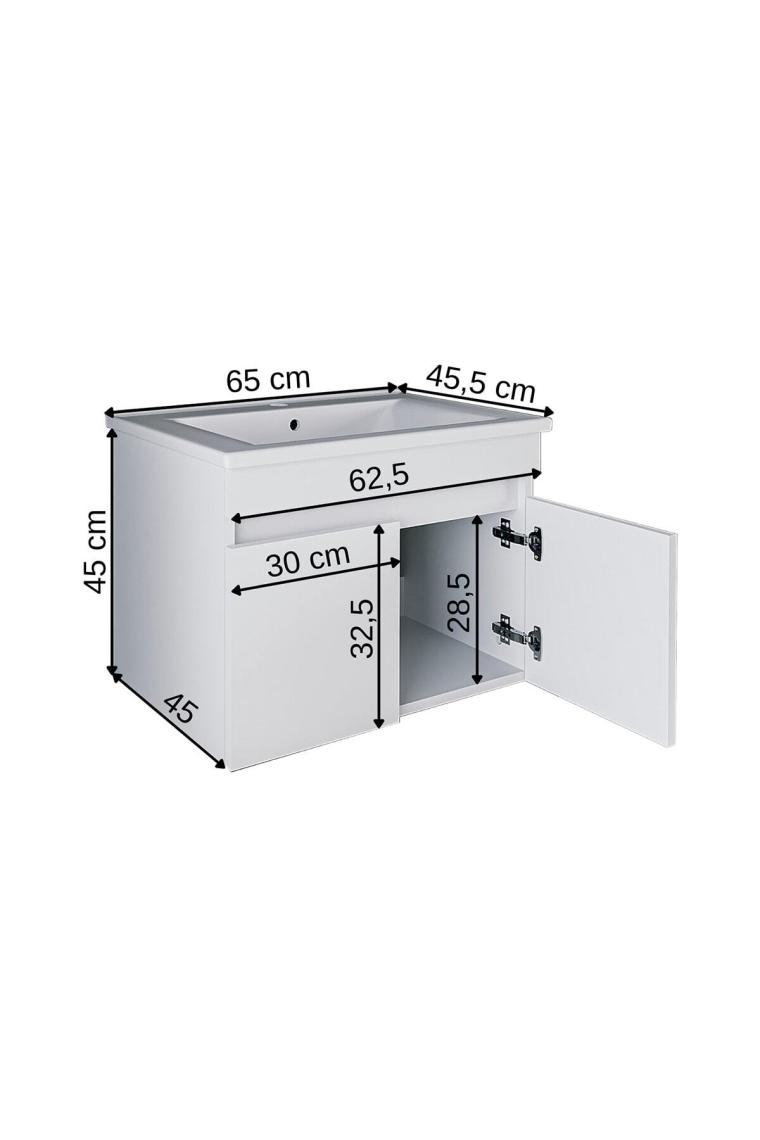 Banos Roomart LD3 Ayaksız 2 Kapaklı Lavabolu Beyaz Mdf 65 cm Banyo Dolabı