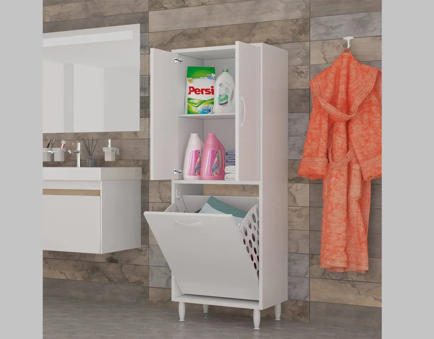MODİLAYN Gamzem BANYO 55 x 138 cm Çamaşır Bölmeli Banyo Dolabı