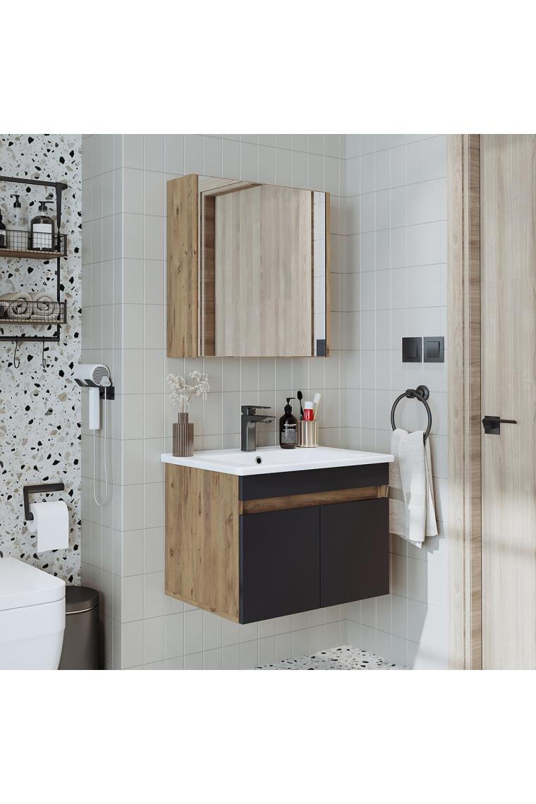 Roomart Lavabolu Atlantik - Antrasit Mat Mdf 65 cm Alt Dolap + Aynalı Üst Dolabı