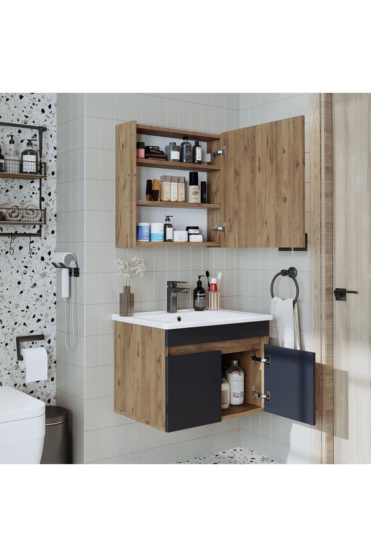 Roomart Lavabolu Atlantik - Antrasit Mat Mdf 65 cm Alt Dolap + Aynalı Üst Dolabı