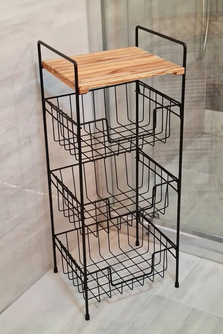 Digithome Ahşap Metal Çok Amaçlı 3 Katlı Banyo Düzenleyici Organizer