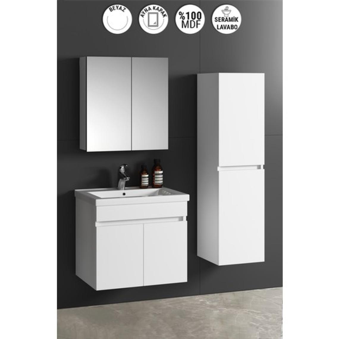 Özceden Çiğdem 55+35 cm Beyaz Mdf Seramik Lavabolu Asma Banyo Dolabı Takımı