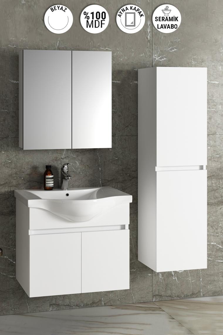 Özceden Yıldız 55+35 cm Beyaz Mdf Seramik Lavabolu Asma Banyo Dolabı Takımı