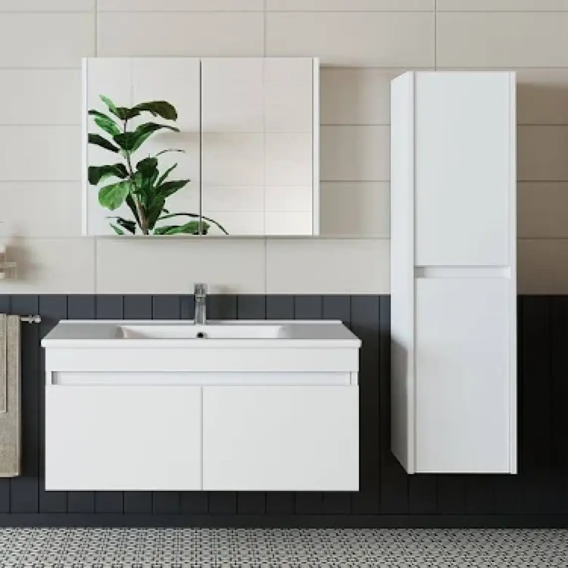 Banos Roomart 2 Kapaklı Lavabolu Beyaz Mdf 85 cm Banyo Dolabı + Aynalı Banyo Üst Dolabı + Banyo Boy Dolabı