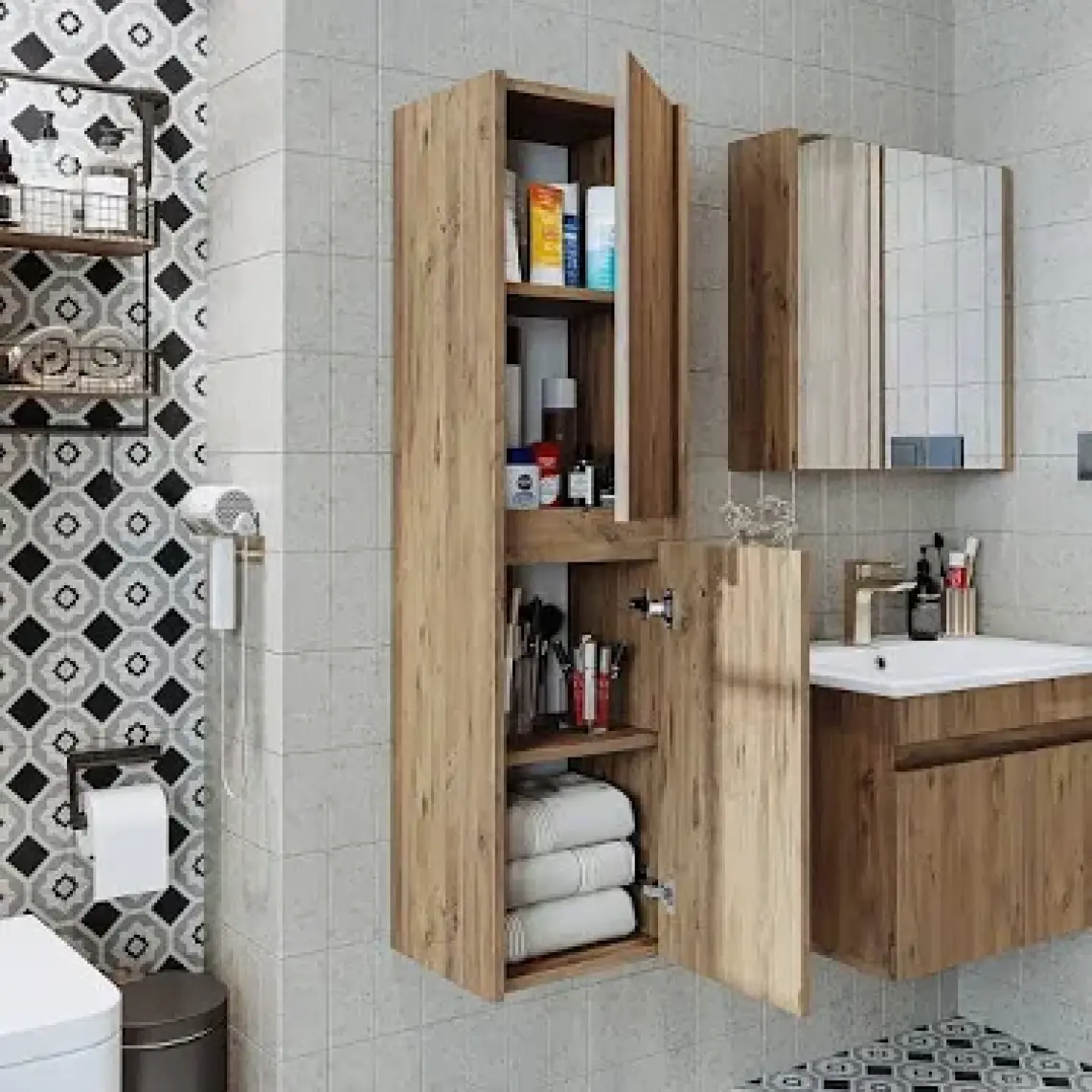 Banos Roomart 2 Kapaklı Lavabolu Beyaz Mdf 85 cm Banyo Dolabı + Aynalı Banyo Üst Dolabı + Banyo Boy Dolabı