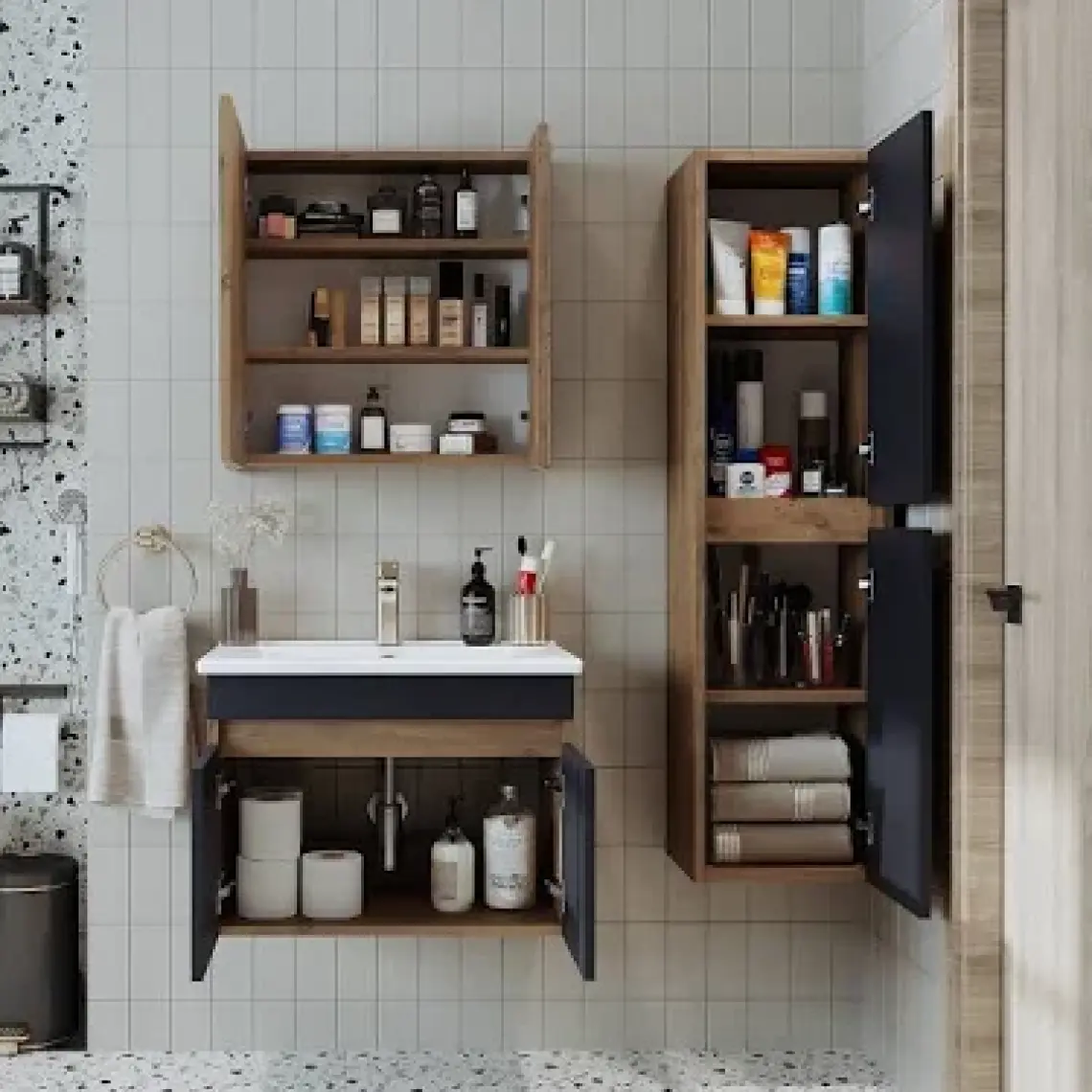 Banos Roomart 2 Kapaklı Lavabolu Beyaz Mdf 85 cm Banyo Dolabı + Aynalı Banyo Üst Dolabı + Banyo Boy Dolabı