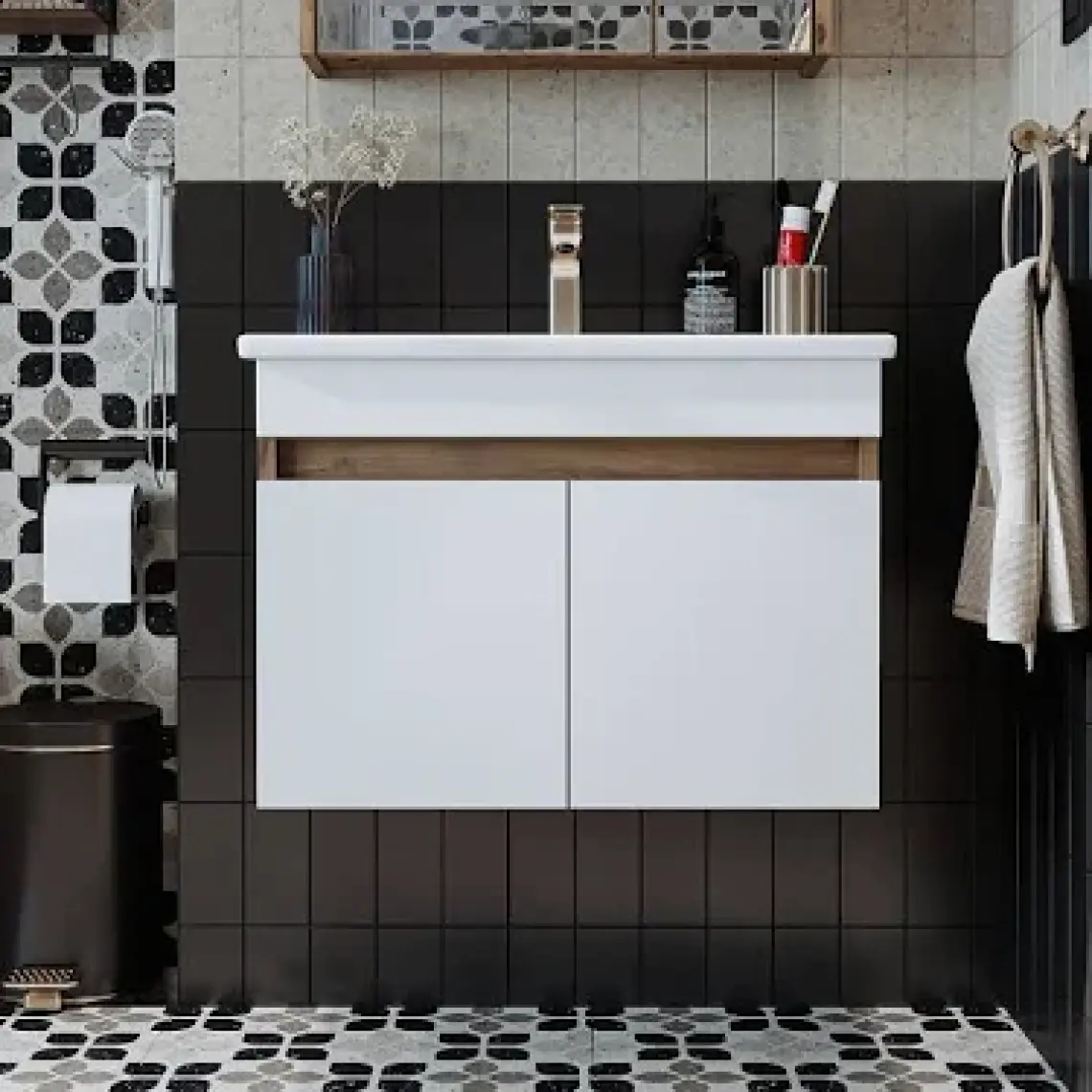 Banos Roomart 2 Kapaklı Lavabolu Beyaz Mdf 85 cm Banyo Dolabı + Aynalı Banyo Üst Dolabı + Banyo Boy Dolabı