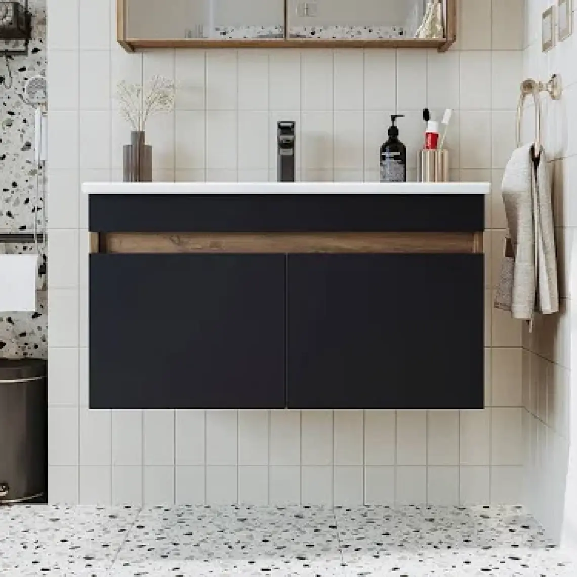 Banos Roomart 2 Kapaklı Lavabolu Beyaz Mdf 85 cm Banyo Dolabı + Aynalı Banyo Üst Dolabı + Banyo Boy Dolabı