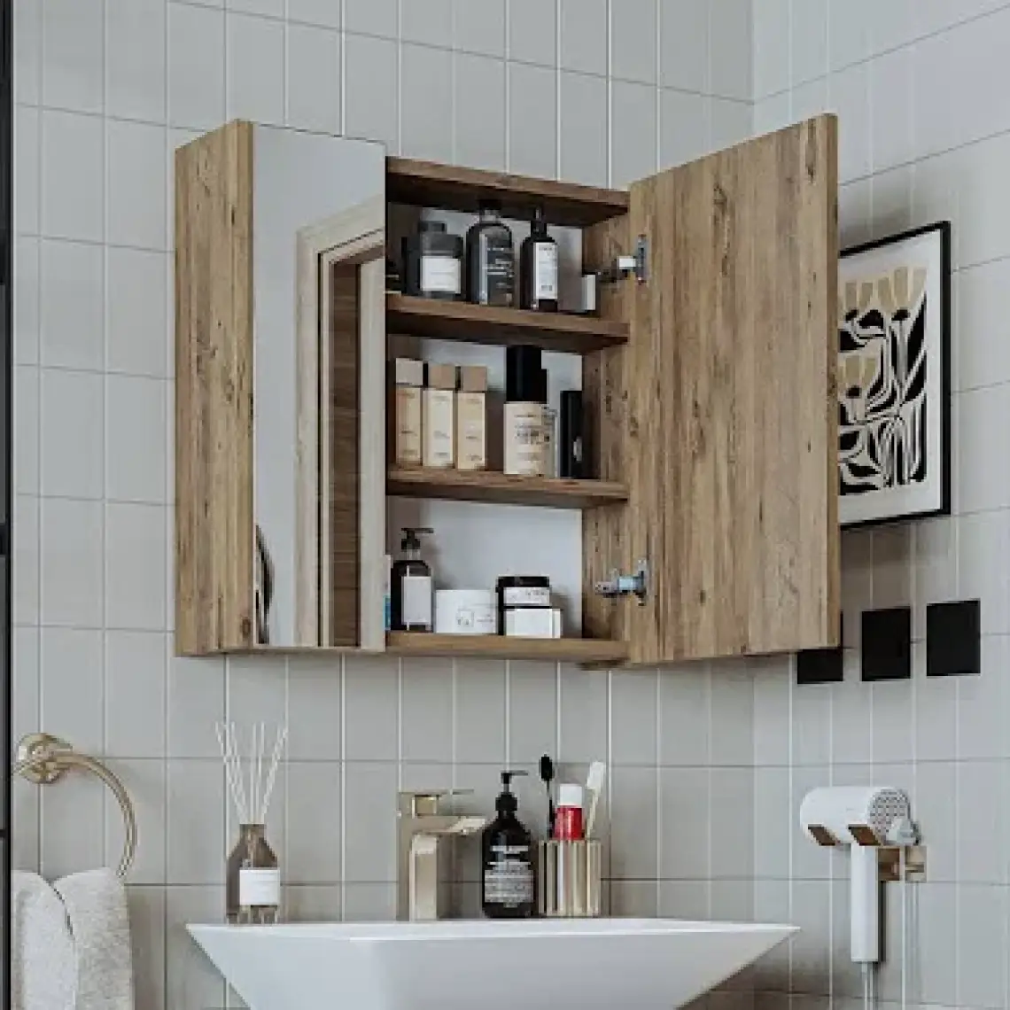 Banos Roomart 2 Kapaklı Lavabolu Beyaz Mdf 85 cm Banyo Dolabı + Aynalı Banyo Üst Dolabı + Banyo Boy Dolabı