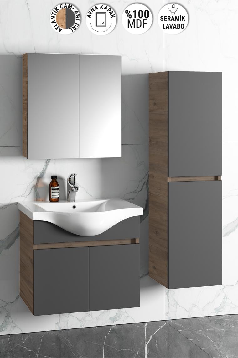Özceden Yıldız 55+35 cm Antrasit Gri Mat-Atlantik Çam Mdf Seramik Lavabolu Asma Banyo Dolabı Takımı