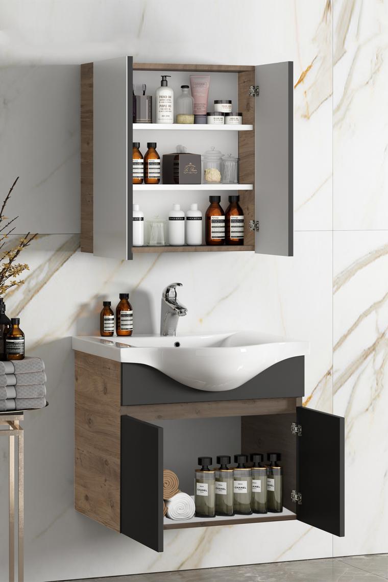 Özceden Yıldız 55+35 cm Antrasit Gri Mat-Atlantik Çam Mdf Seramik Lavabolu Asma Banyo Dolabı Takımı