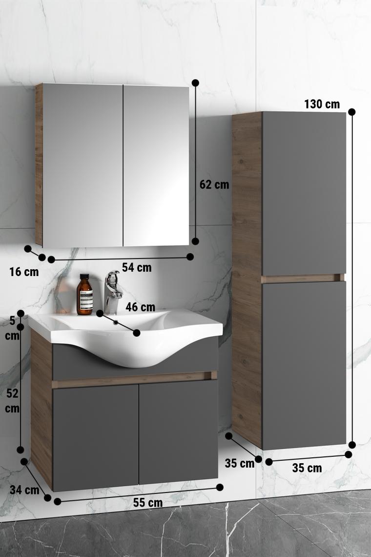 Özceden Yıldız 55+35 cm Antrasit Gri Mat-Atlantik Çam Mdf Seramik Lavabolu Asma Banyo Dolabı Takımı