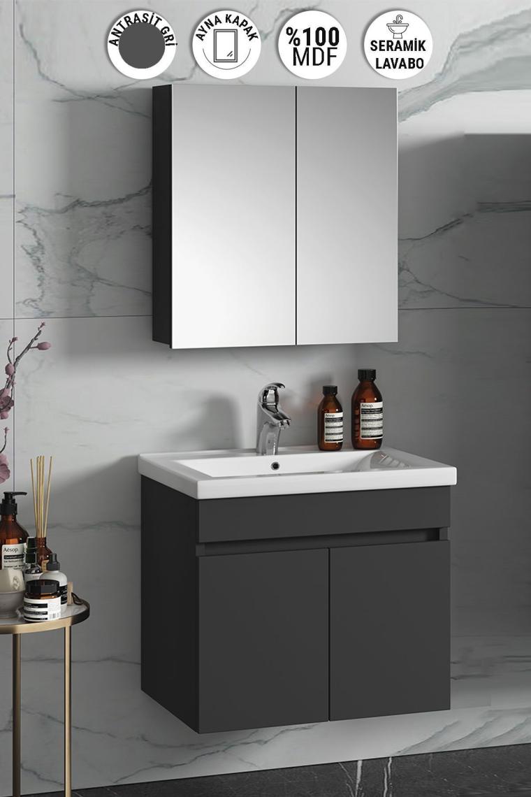 Özceden Çiğdem 65 cm Antrasit Gri Mat Mdf Seramik Lavabolu Asma Banyo Dolabı Takımı