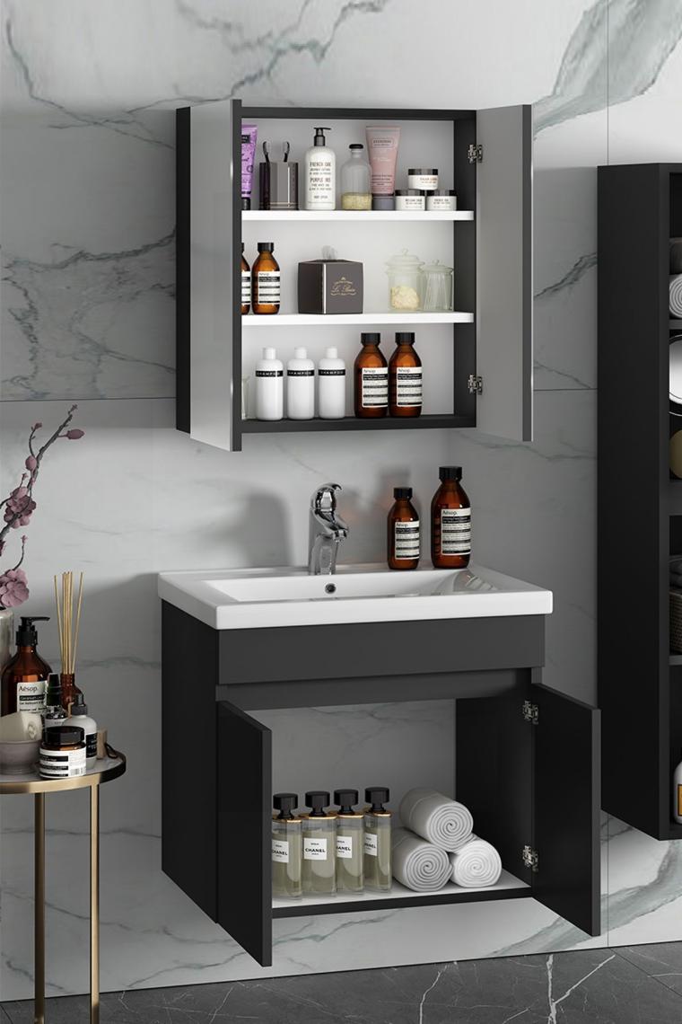 Özceden Çiğdem 65 cm Antrasit Gri Mat Mdf Seramik Lavabolu Asma Banyo Dolabı Takımı